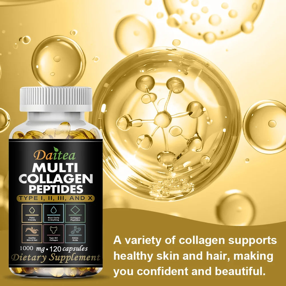 Multi Collagen Peptides, Type I, II, III and X, Hydrolyzed Collagen Peptides with Vitamin C, Supports Skin Hair Nail & Joint