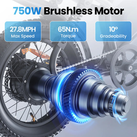 Electric Bike for Adults & Teens – 750W Motor 65Nm Torque, 48V 15Ah Removable Battery, Full Suspension, 3 Riding Modes