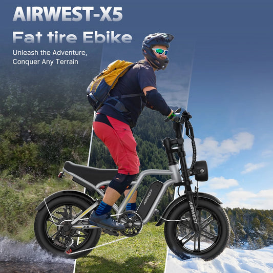 Airwest X5 Adult Electric Bike, 750W Peak Power, 48V 13Ah Battery, 20“*4 Fat Tire Ebike, 28MPH, UL 2849, 1 Year Warranty