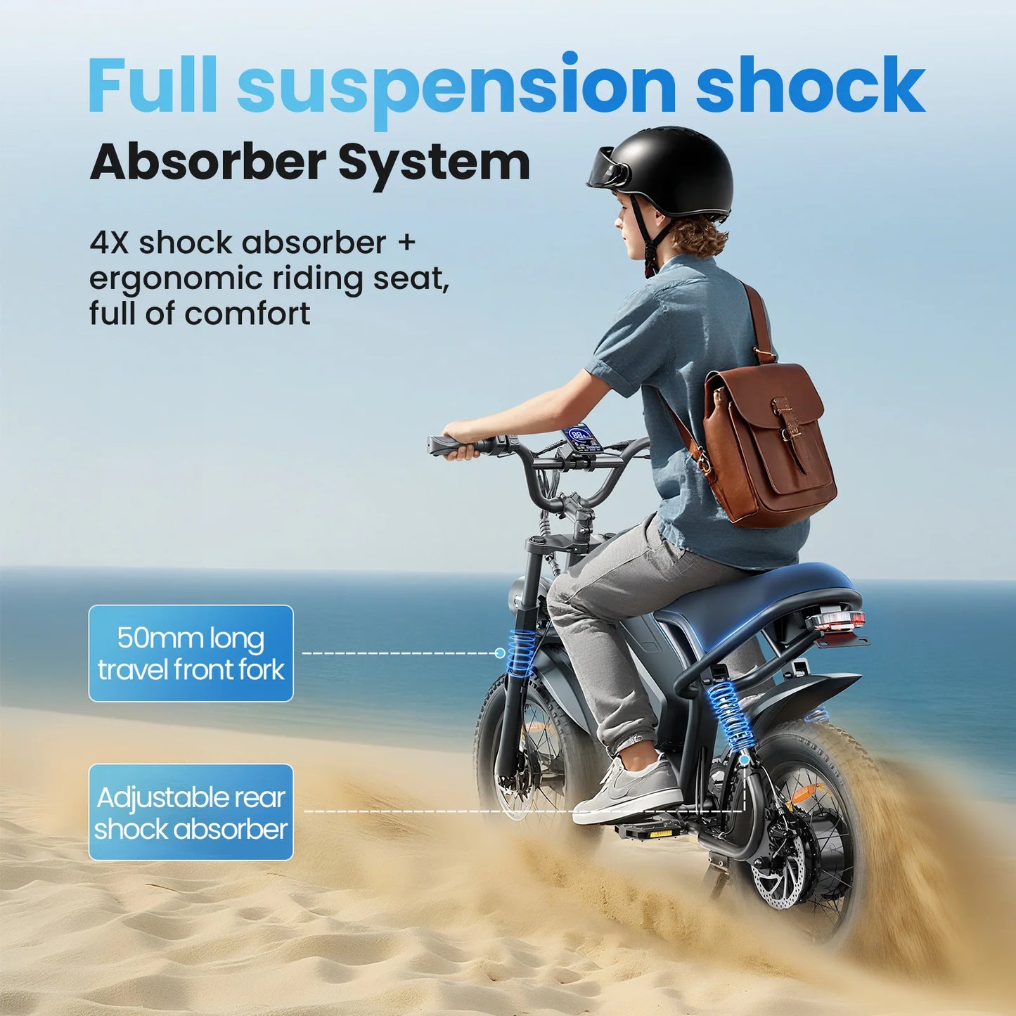 Electric Bike for Adults & Teens – 750W Motor 65Nm Torque, 48V 15Ah Removable Battery, Full Suspension, 3 Riding Modes