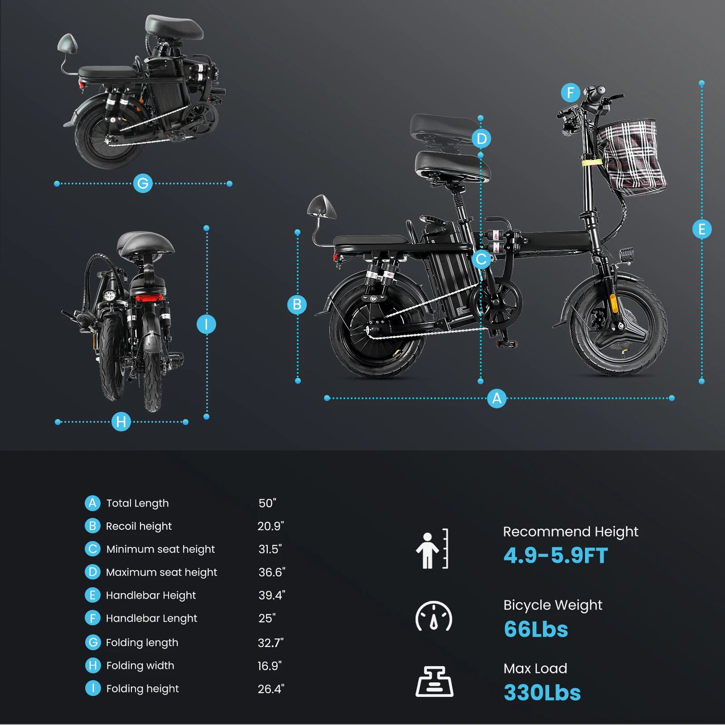 Foldable E-Bike 20MPH Foldable Adult Electric Bicycle 48V 20Ah Folding Commuter Electric Bike with Removable Battery
