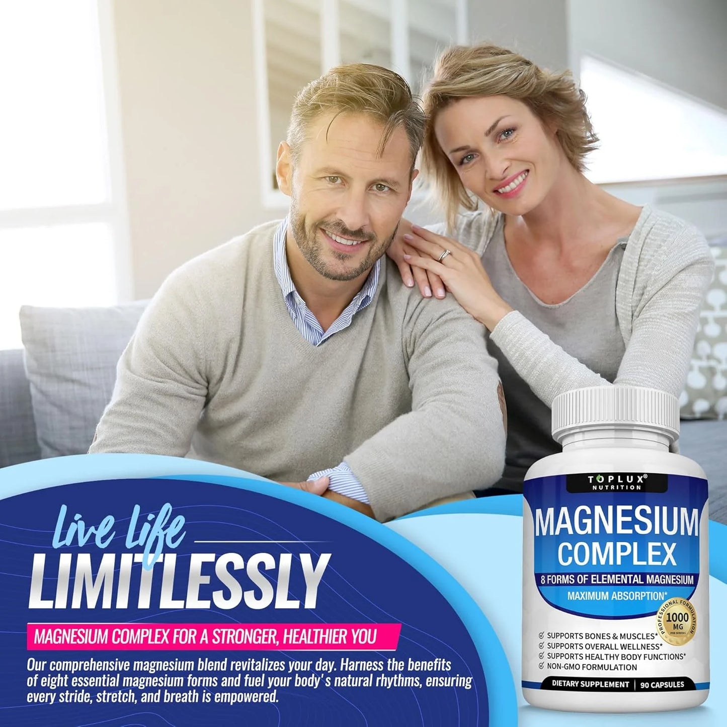 Magnesium Complex 1000MG Supplement - Magnesium Glycinate, Citrate & Malate - Sleep Support, Stress Relief, Muscles & Relaxation