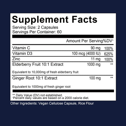 Elderberry, Vitamin C + Zinc - Supports The Immune System, Antioxidant Properties, Promotes Energy Production - 120 Capsules