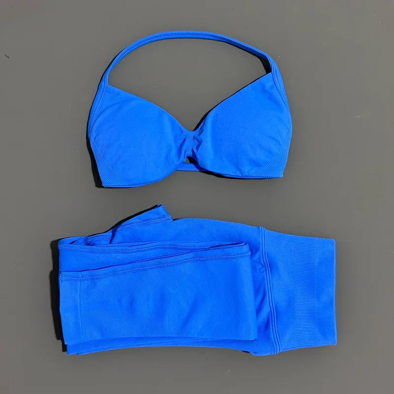 2 Piece Sport Set Women Yoga Backless Halter Bra High Waist Scrunch Seamless Pants Sport Suit Gym Sportswear Workout Set