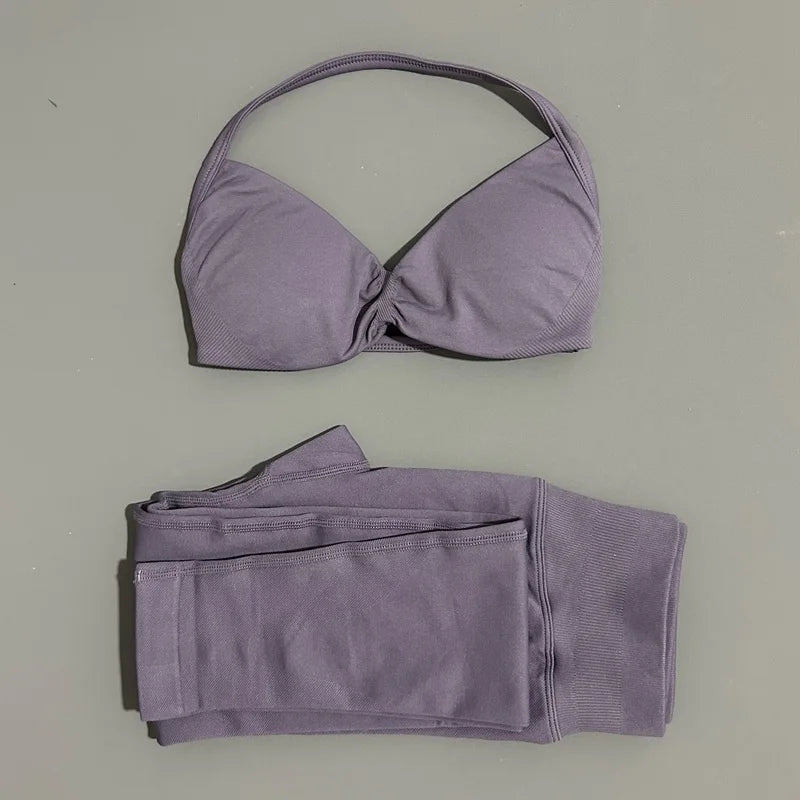 2 Piece Sport Set Women Yoga Backless Halter Bra High Waist Scrunch Seamless Pants Sport Suit Gym Sportswear Workout Set