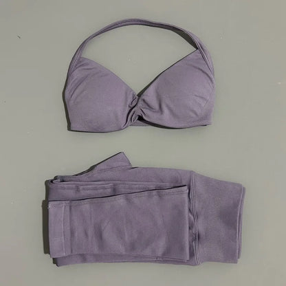 2 Piece Sport Set Women Yoga Backless Halter Bra High Waist Scrunch Seamless Pants Sport Suit Gym Sportswear Workout Set