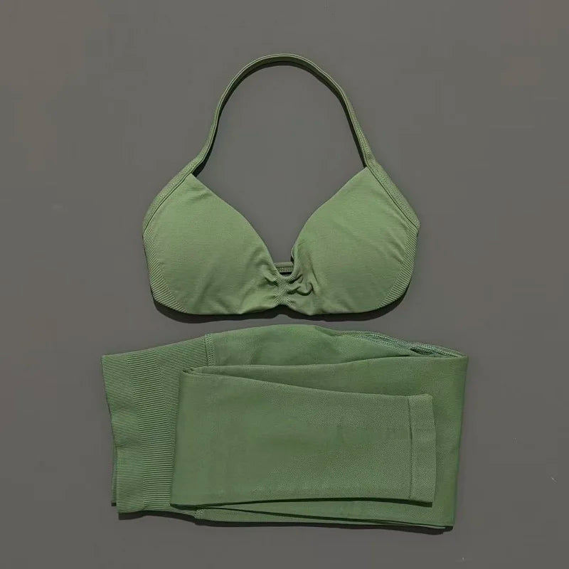 2 Piece Sport Set Women Yoga Backless Halter Bra High Waist Scrunch Seamless Pants Sport Suit Gym Sportswear Workout Set