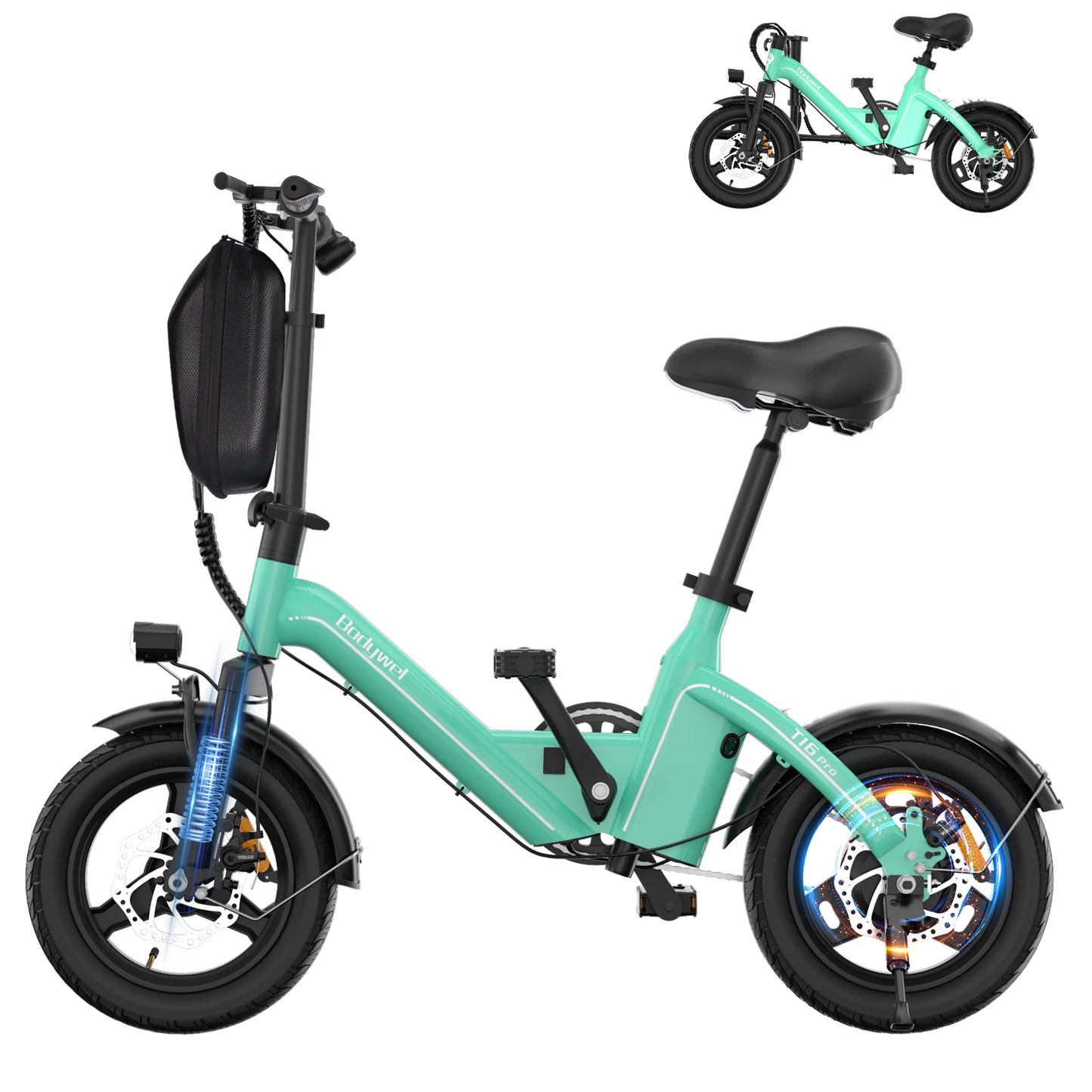 Bodywel T16Pro Adult Electric Bike 14" Foldable eBike, 750W Motor 22MPH Max Speed 36V 10.4AH Battery Commuter Electric Bicycle