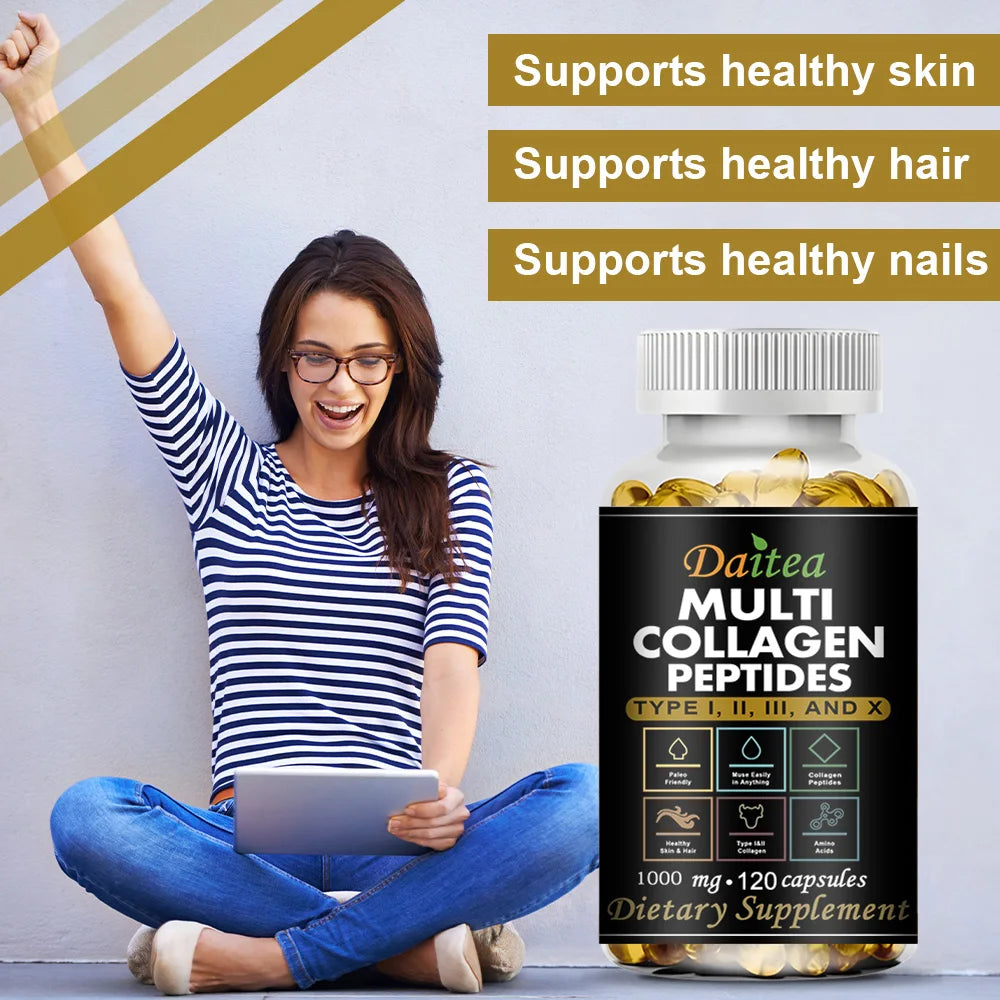 Multi Collagen Peptides, Type I, II, III and X, Hydrolyzed Collagen Peptides with Vitamin C, Supports Skin Hair Nail & Joint