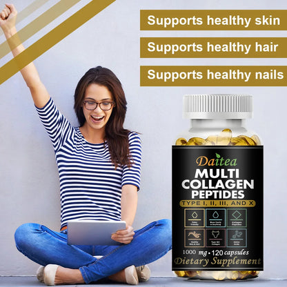 Multi Collagen Peptides, Type I, II, III and X, Hydrolyzed Collagen Peptides with Vitamin C, Supports Skin Hair Nail & Joint