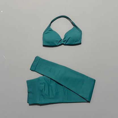 2 Piece Sport Set Women Yoga Backless Halter Bra High Waist Scrunch Seamless Pants Sport Suit Gym Sportswear Workout Set