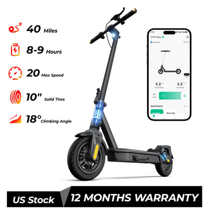 Foldable E-Scooter 1000W 10" Tubeless Tire 40 Miles Long Range Dual Shock Absorption APP Urban Commuter Scooter Family Use
