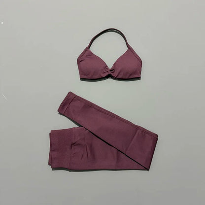 2 Piece Sport Set Women Yoga Backless Halter Bra High Waist Scrunch Seamless Pants Sport Suit Gym Sportswear Workout Set
