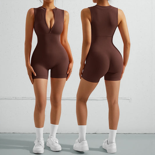 Women Zipper Sexy Rompers Ribbed Seamless Padded Yoga Clothes Workout Fitness Sportswear Romper Sport Shorts Jumpsuits Women
