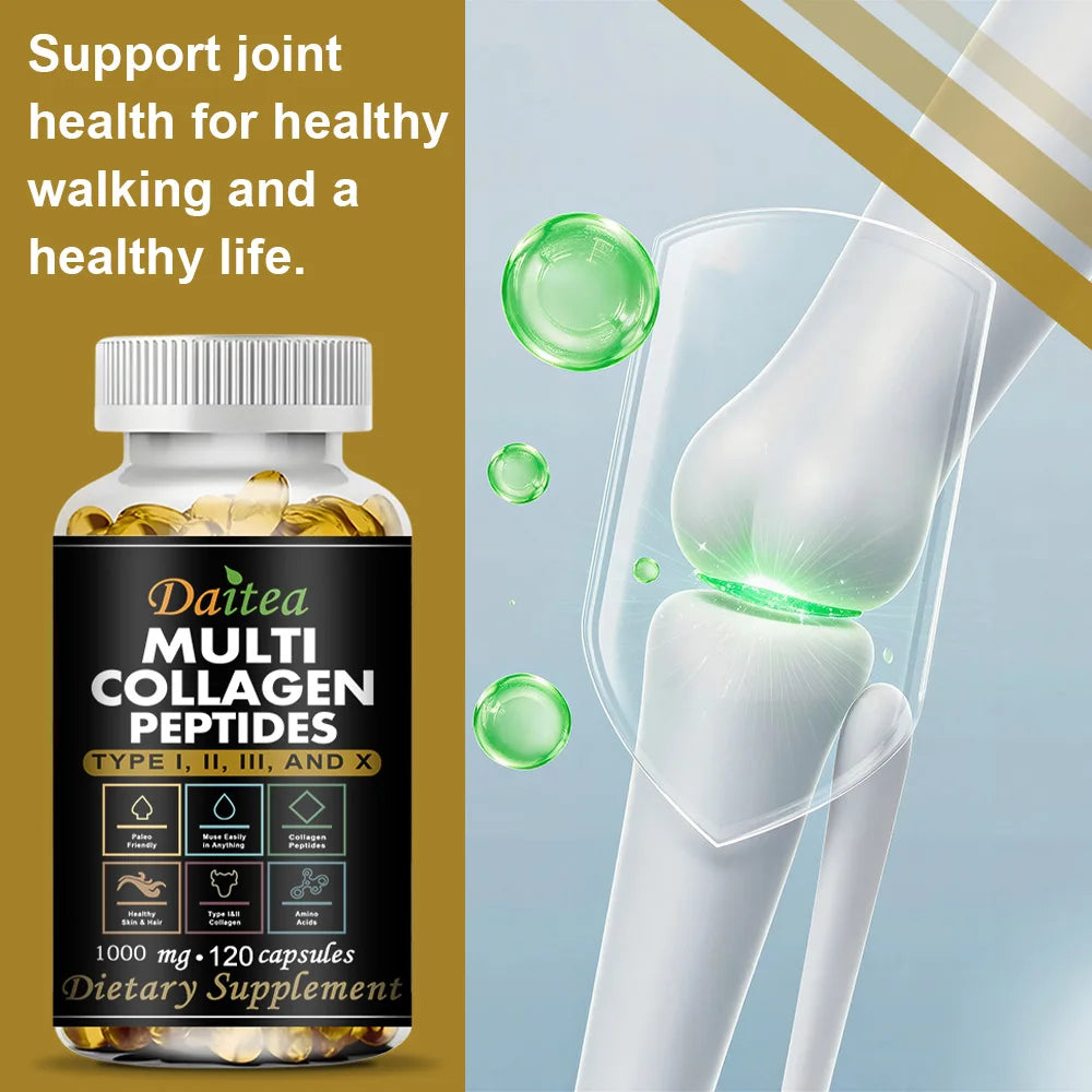 Multi Collagen Peptides, Type I, II, III and X, Hydrolyzed Collagen Peptides with Vitamin C, Supports Skin Hair Nail & Joint