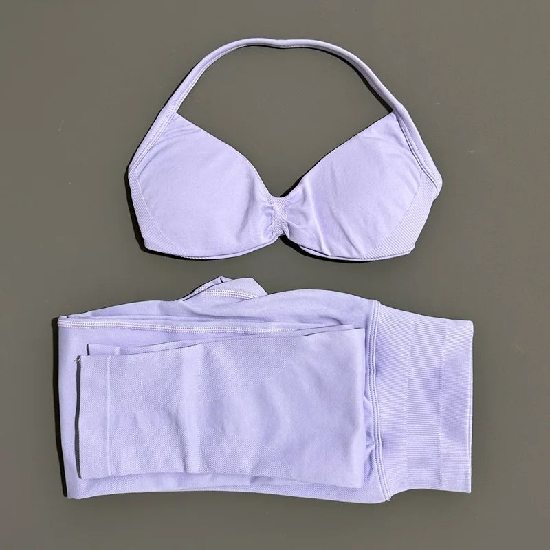 2 Piece Sport Set Women Yoga Backless Halter Bra High Waist Scrunch Seamless Pants Sport Suit Gym Sportswear Workout Set