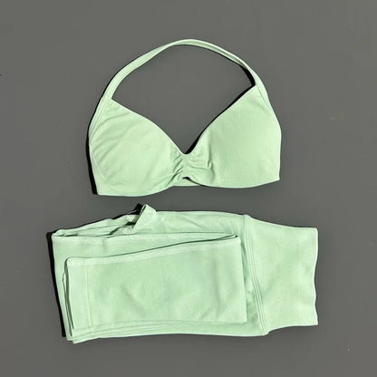 2 Piece Sport Set Women Yoga Backless Halter Bra High Waist Scrunch Seamless Pants Sport Suit Gym Sportswear Workout Set