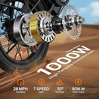 URLIFE 1000W E20 Electric Bike | 48V 13Ah Removable Battery, 20MPH, 20''X3" Fat Tire, 7-Speed E-Bike with Dual Disc Brake