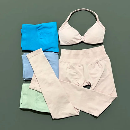 2 Piece Sport Set Women Yoga Backless Halter Bra High Waist Scrunch Seamless Pants Sport Suit Gym Sportswear Workout Set