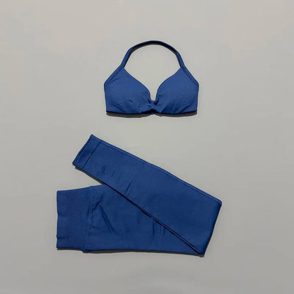 2 Piece Sport Set Women Yoga Backless Halter Bra High Waist Scrunch Seamless Pants Sport Suit Gym Sportswear Workout Set