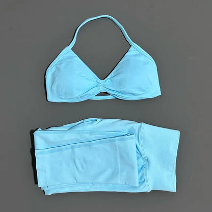 2 Piece Sport Set Women Yoga Backless Halter Bra High Waist Scrunch Seamless Pants Sport Suit Gym Sportswear Workout Set