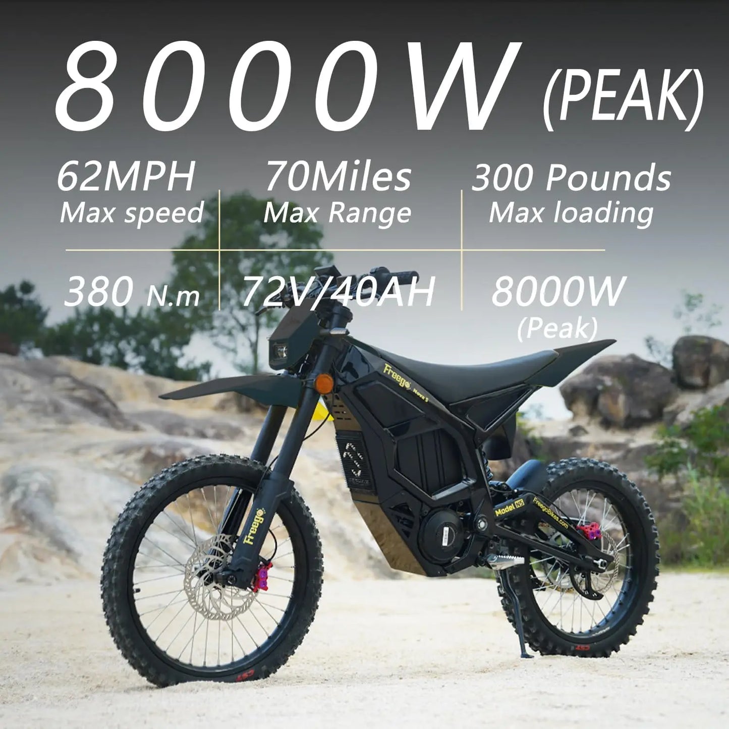 Freego Electric Dirt Bike 72V 40Ah 8000W Peak Mid-Drive Motor 53 MPH Electric Motorbike Motorcycle 4-Piston Hydraulic Brakes