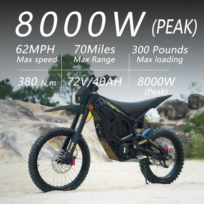 Freego Electric Dirt Bike 72V 40Ah 8000W Peak Mid-Drive Motor 53 MPH Electric Motorbike Motorcycle 4-Piston Hydraulic Brakes