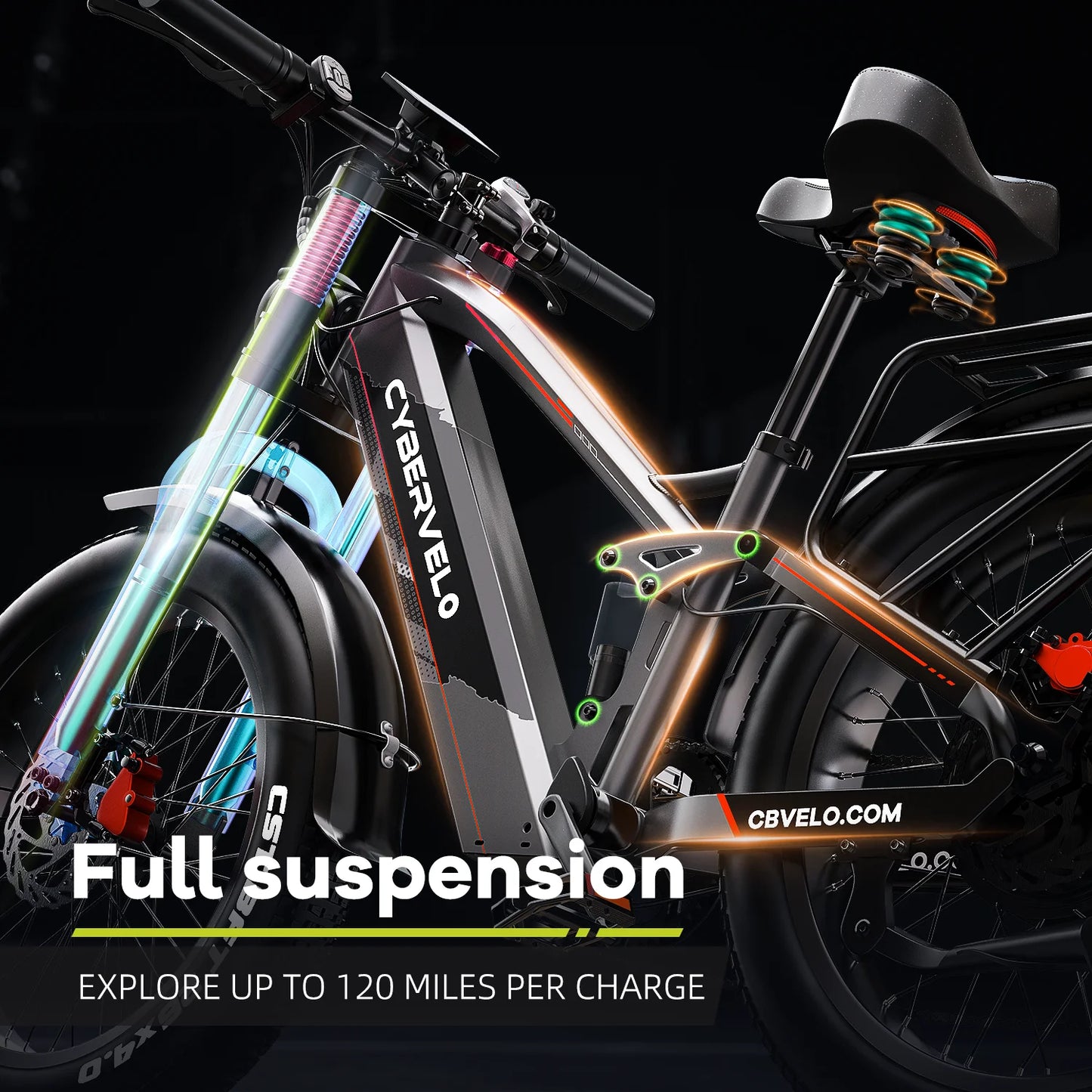 Cybervelo 5000w Peak Built-in Battery Ebike, 100 Miles Range MTB Sand 26" Fat Tire, 52V 40Ah Outdoor Electric Bike for adult EK9