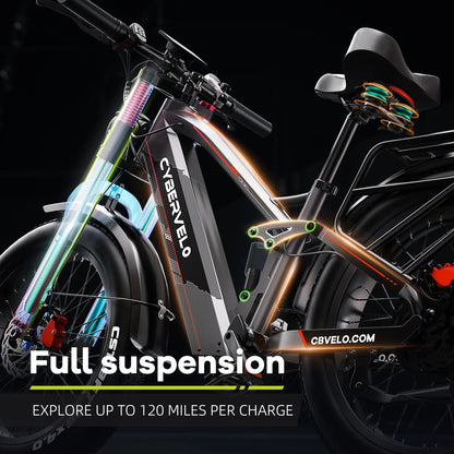 Cybervelo 5000w Peak Built-in Battery Ebike, 100 Miles Range MTB Sand 26" Fat Tire, 52V 40Ah Outdoor Electric Bike for adult EK9