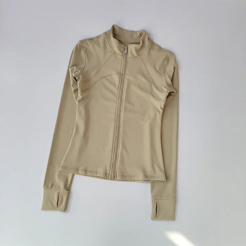 Outdoor Sports Long Sleeved Women Slim Yoga Clothes Quick Dry Zipper Cardigan Stand Up Collar Jacket Running Fitness Jacket Top