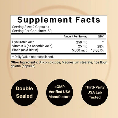 Hyaluronic Acid Supplement 250 Mg with Biotin and Vitamin C-3-in-1 - Skin Moisturization, Joint Lubrication, Hair and Eye Health
