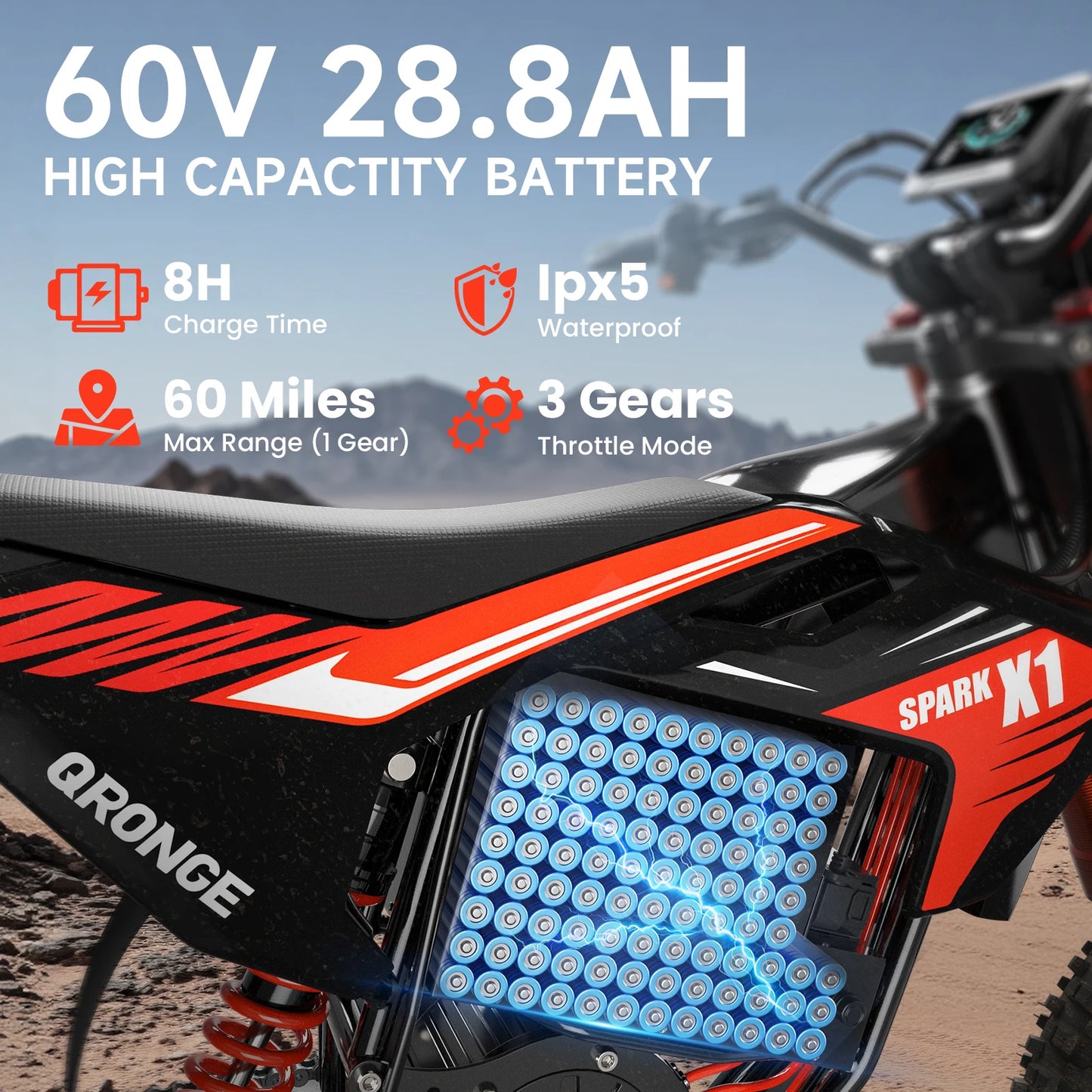 QRONGE X1 Spark Electric Dirt Bike 4500W Peak Motor 60V 28.8AH Electric Motorcycle 60 Miles Range 14/12" Fat Tire Snow E-bike ﻿
