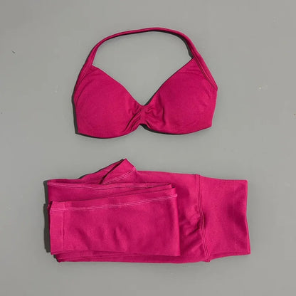 2 Piece Sport Set Women Yoga Backless Halter Bra High Waist Scrunch Seamless Pants Sport Suit Gym Sportswear Workout Set