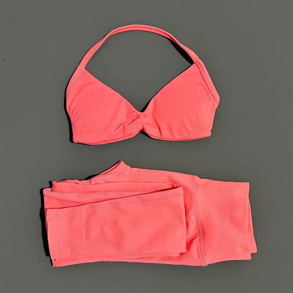 2 Piece Sport Set Women Yoga Backless Halter Bra High Waist Scrunch Seamless Pants Sport Suit Gym Sportswear Workout Set