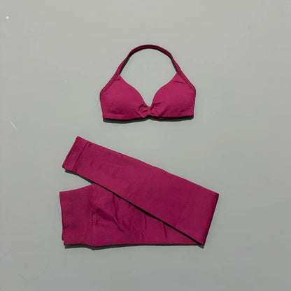2 Piece Sport Set Women Yoga Backless Halter Bra High Waist Scrunch Seamless Pants Sport Suit Gym Sportswear Workout Set