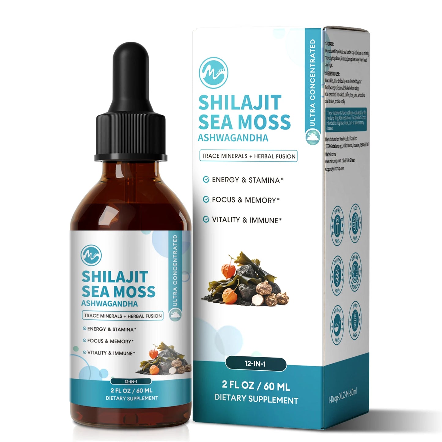 Minch 12-in-1 Shilajit Drops with Sea Moss,Ashwagandha,Maca & Ginkgo Biloba Supplement with 85+ Trace Minerals and Fulvic Acid
