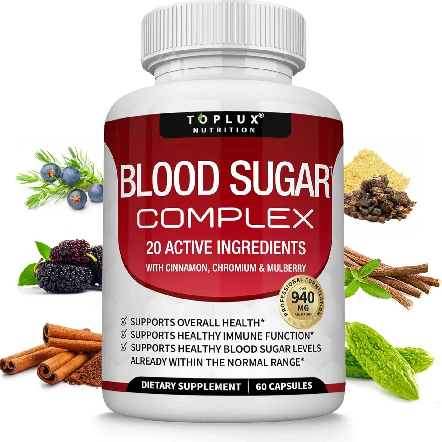 Blood Sugar Complex Supplement - Supports Healthy Blood Sugar Levels, All Natural with Cinnamon, vitamins, Non-GMO, 60 Capsules