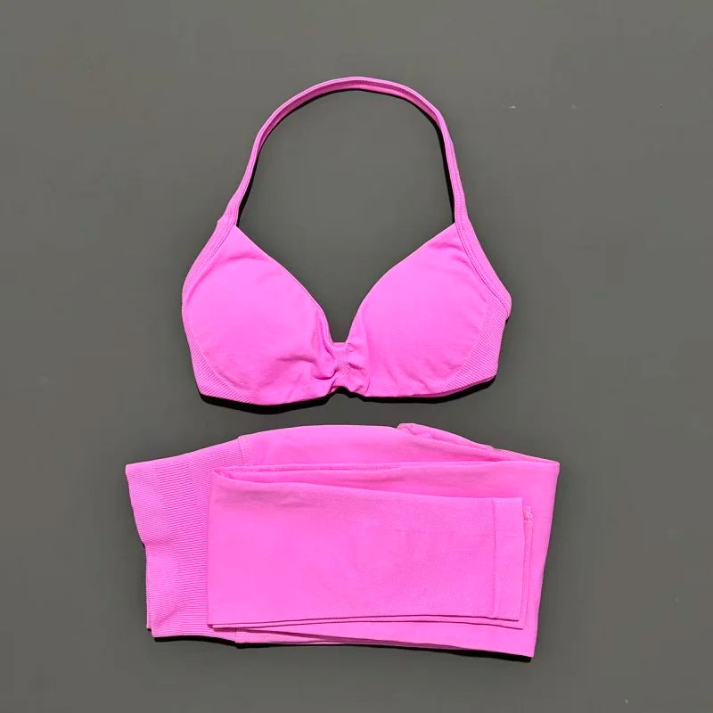 2 Piece Sport Set Women Yoga Backless Halter Bra High Waist Scrunch Seamless Pants Sport Suit Gym Sportswear Workout Set