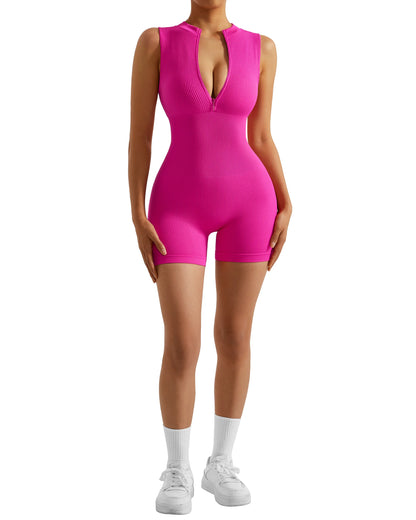 Women Zipper Sexy Rompers Ribbed Seamless Padded Yoga Clothes Workout Fitness Sportswear Romper Sport Shorts Jumpsuits Women