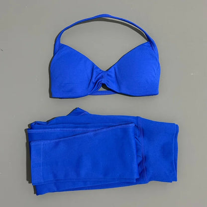 2 Piece Sport Set Women Yoga Backless Halter Bra High Waist Scrunch Seamless Pants Sport Suit Gym Sportswear Workout Set