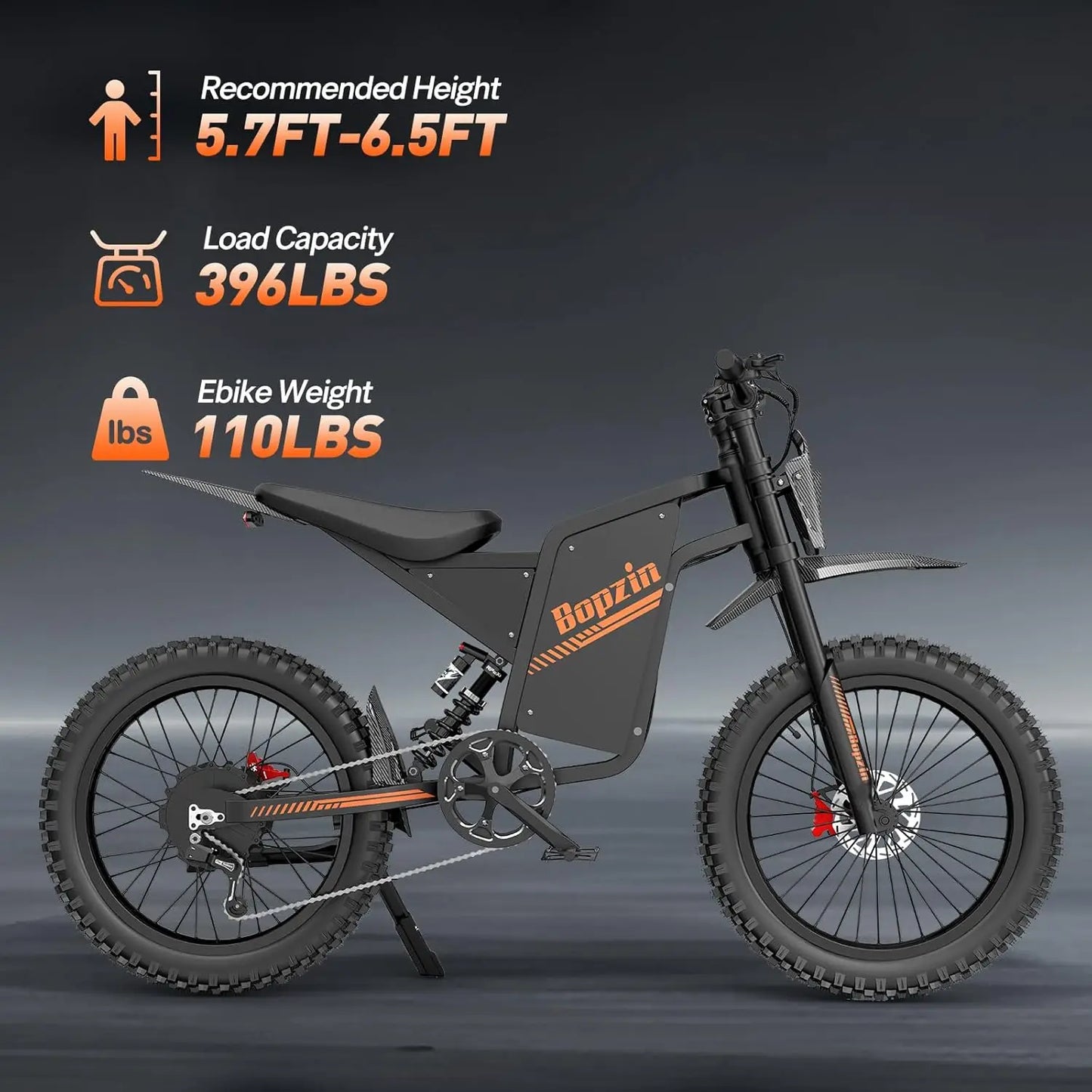 BOPZIN Q8 Electric Bicycle 5000W 60V 35AH 45 MPH 25x3" Fat Tires Electric-Motorcycle Hydraulic Brakes Full Suspension UL2849