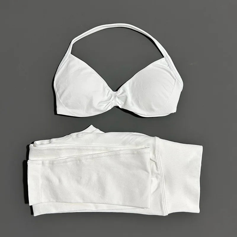 2 Piece Sport Set Women Yoga Backless Halter Bra High Waist Scrunch Seamless Pants Sport Suit Gym Sportswear Workout Set