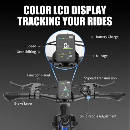 Electric Bike for Adults, 1500W Peak Mountain Ebike with 25 MPH, 65 Miles Range, 7 Speeds, 48V 10Ah Removable Battery 26" Ebike