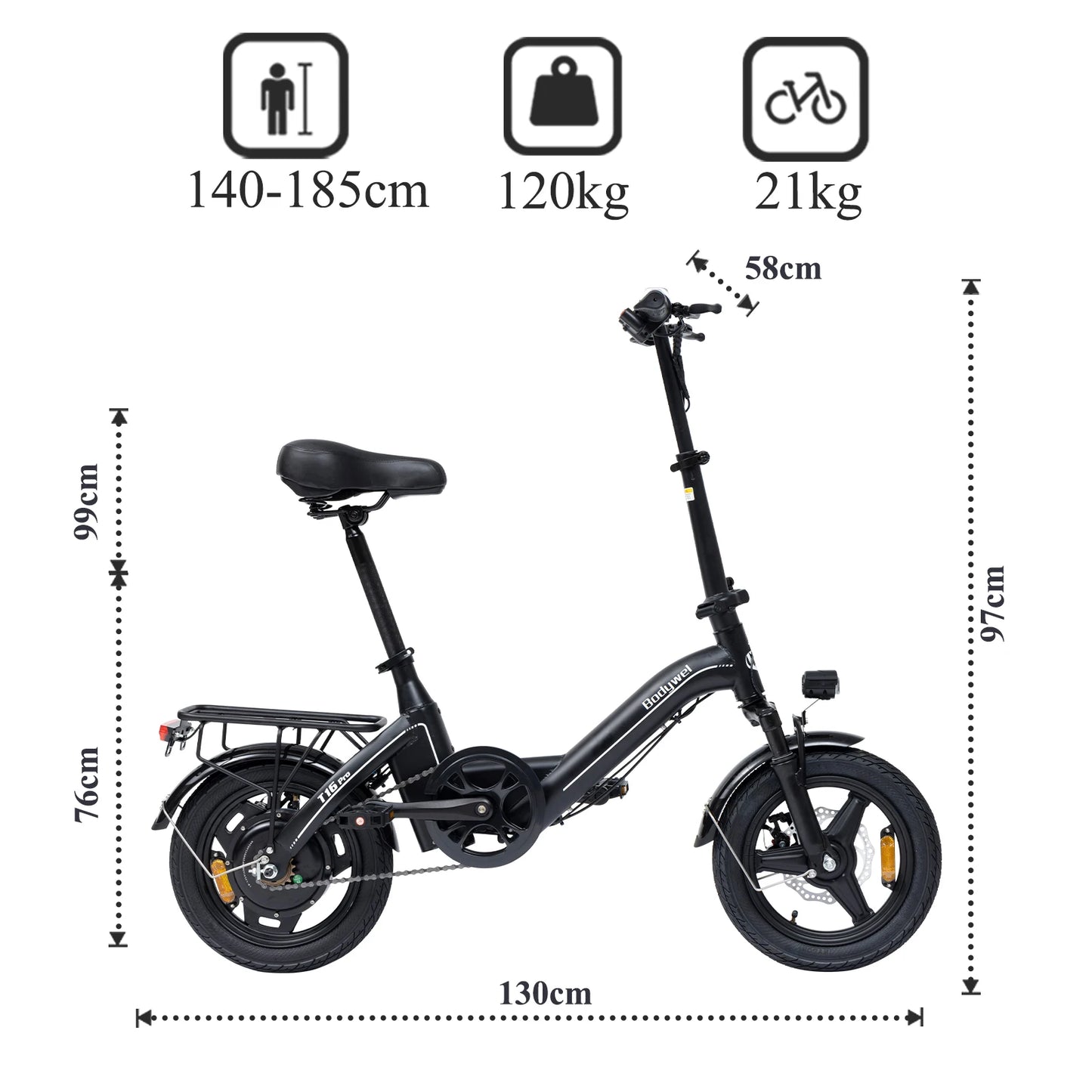 Bodywel T16Pro Adult Electric Bike 14" Foldable eBike, 750W Motor 22MPH Max Speed 36V 10.4AH Battery Commuter Electric Bicycle