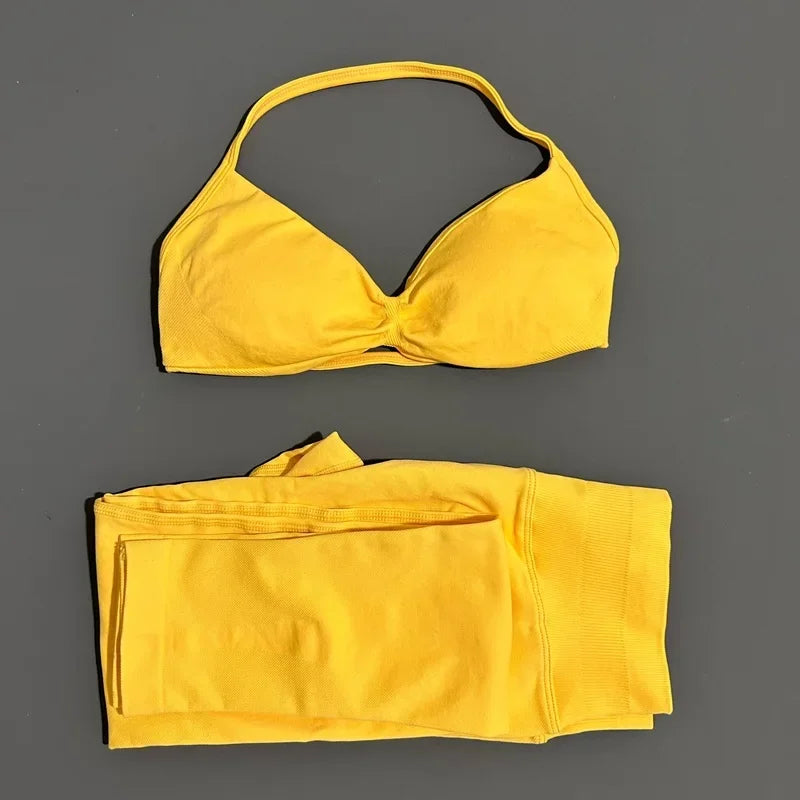 2 Piece Sport Set Women Yoga Backless Halter Bra High Waist Scrunch Seamless Pants Sport Suit Gym Sportswear Workout Set