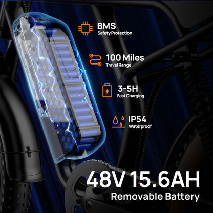 1500W Peak Electric Mountain Bike 48V 15.6Ah Removable Battery 28MPH 100 Mile Range 20X4" Fat Tire E-Bike Free Shipping Hot Sale