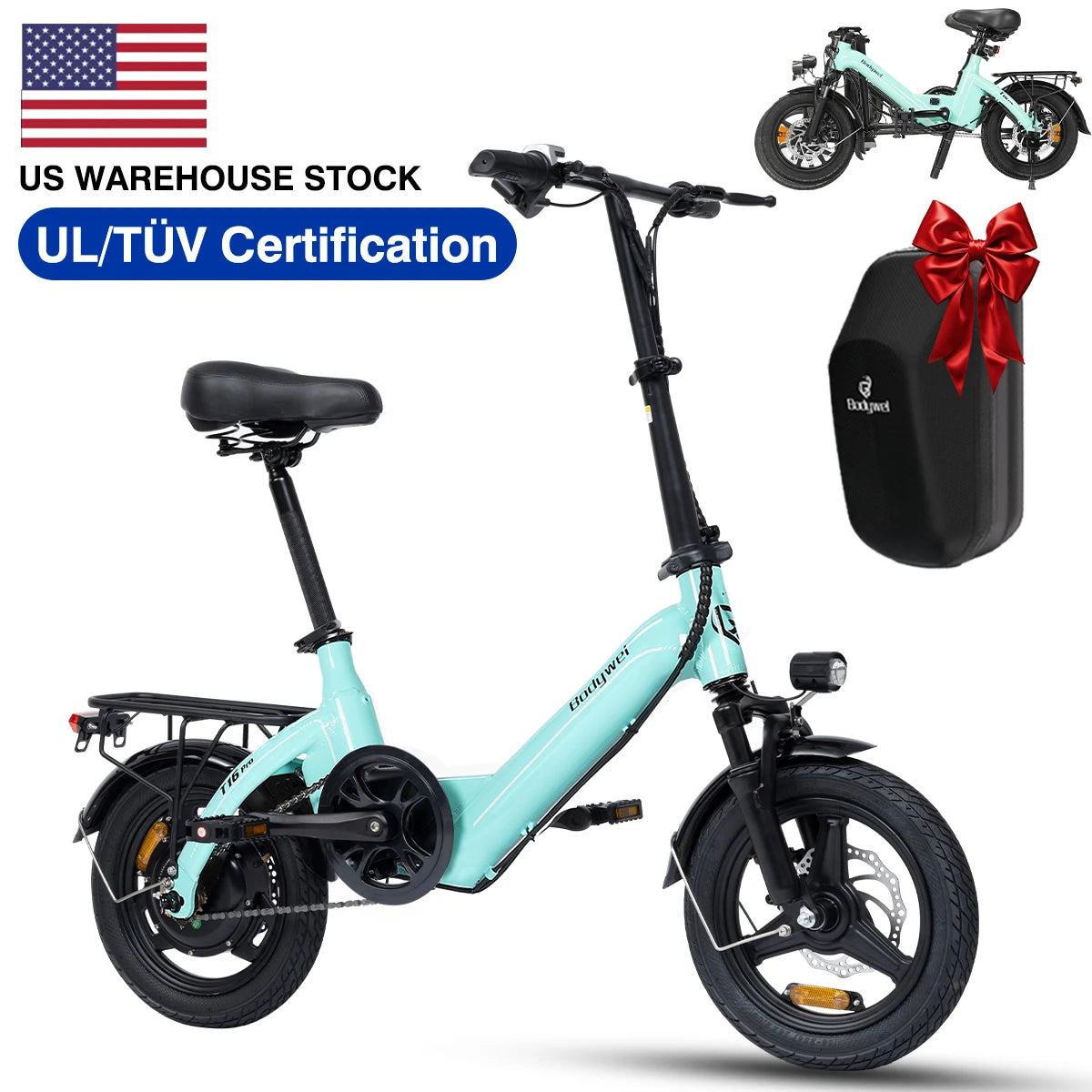 Bodywel T16Pro Adult Electric Bike 14" Foldable eBike, 750W Motor 22MPH Max Speed 36V 10.4AH Battery Commuter Electric Bicycle