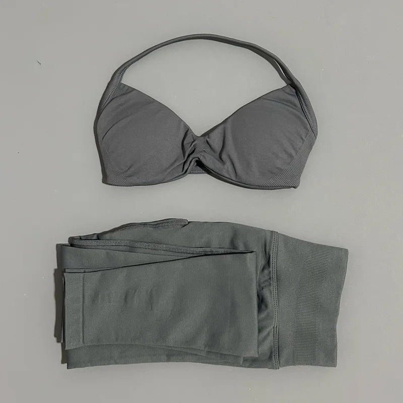 2 Piece Sport Set Women Yoga Backless Halter Bra High Waist Scrunch Seamless Pants Sport Suit Gym Sportswear Workout Set