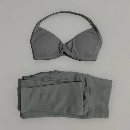 2 Piece Sport Set Women Yoga Backless Halter Bra High Waist Scrunch Seamless Pants Sport Suit Gym Sportswear Workout Set