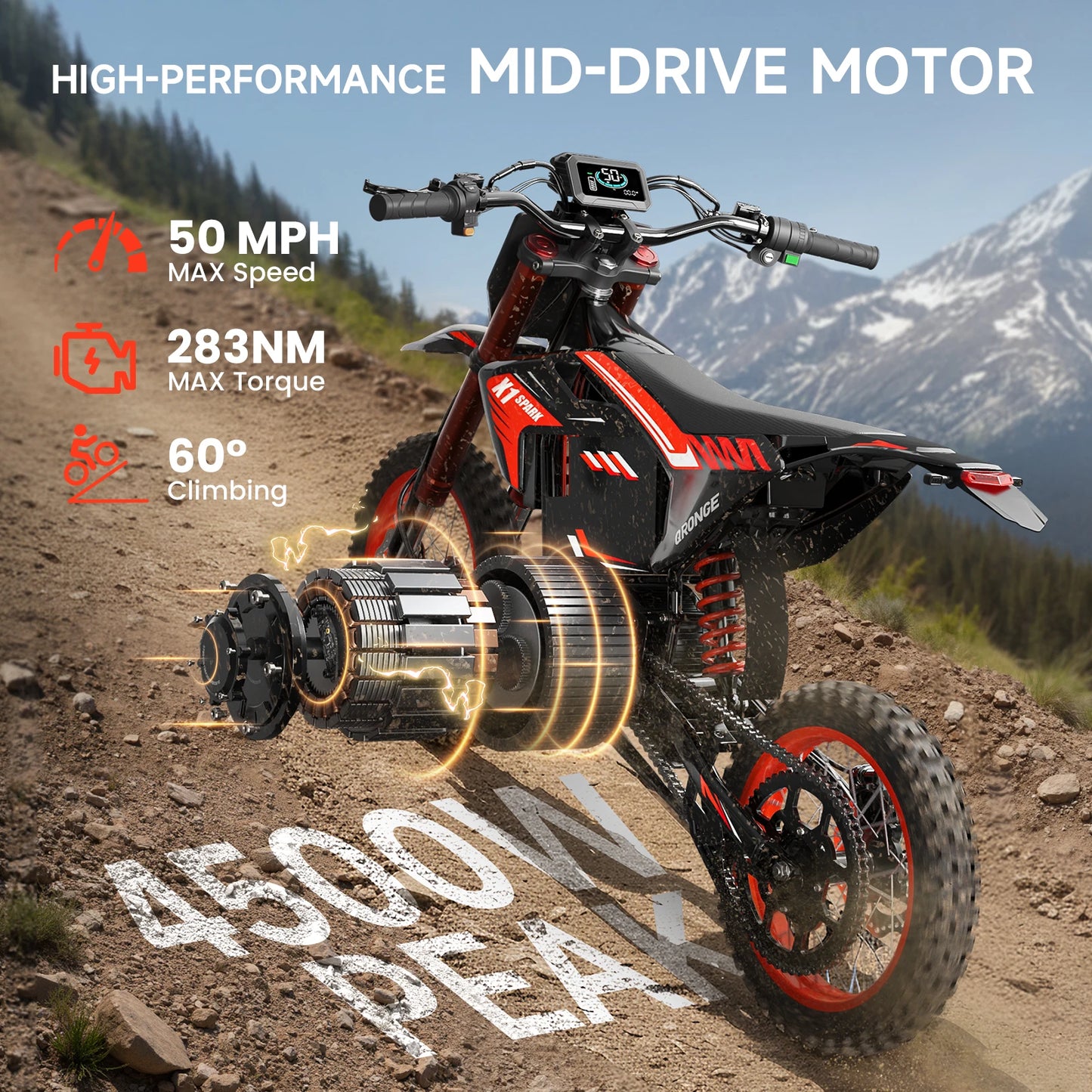QRONGE X1 Spark Electric Dirt Bike 4500W Peak Motor 60V 28.8AH Electric Motorcycle 60 Miles Range 14/12" Fat Tire Snow E-bike ﻿